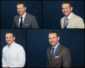 brown hair professional man in four photos 3 in suits and one in a white button down smiling