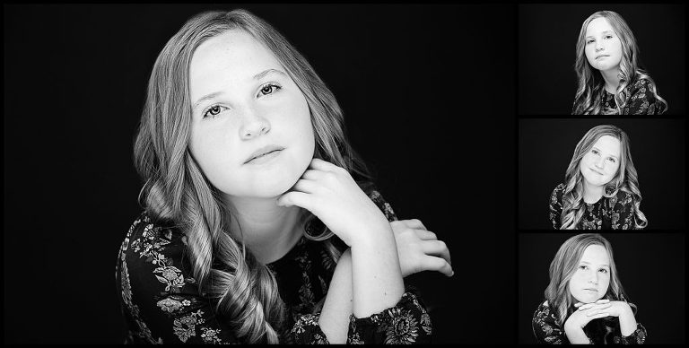 kids headshots, black and white of young blonde girl with solemn smiles